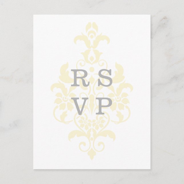 Yellow Subtle Damask Wedding RSVP Postcard (Front)