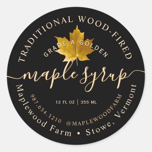 Yellow Sugar Maple Leaf with Modern Script Syrup  Classic Round Sticker
