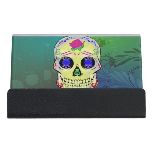 Yellow Sugar Skull with Purple Rose Desk Business Card Holder