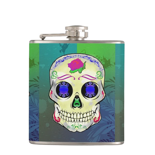 Yellow Sugar Skull with Purple Rose Flask (Front)