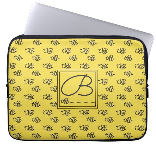 Yellow Summer Bees Monogram Pattern Laptop Sleeve