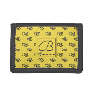 Yellow Summer Bees Monogram Pattern Tri-fold Wallet
