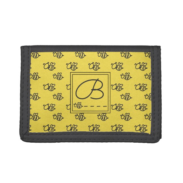 Yellow Summer Bees Monogram Pattern Trifold Wallet (Front)