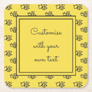 Yellow Summer Bees Pattern Custom Text Square Paper Coaster