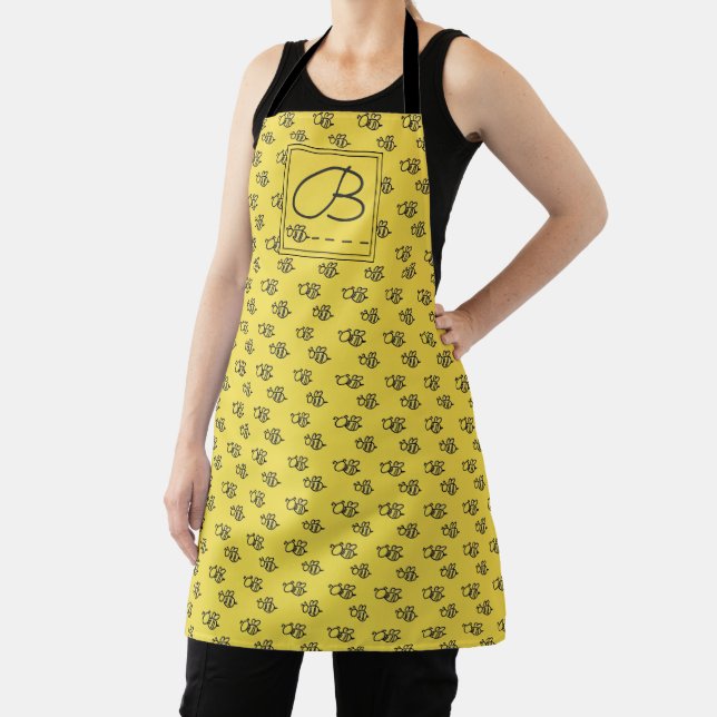 Yellow Summer Bees Pattern Monogram Apron (Insitu)