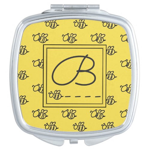 Yellow Summer Bees Pattern Monogram Compact Mirror