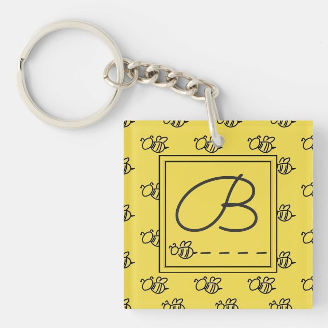 Yellow Summer Bees Pattern Monogram Keychain (Front)