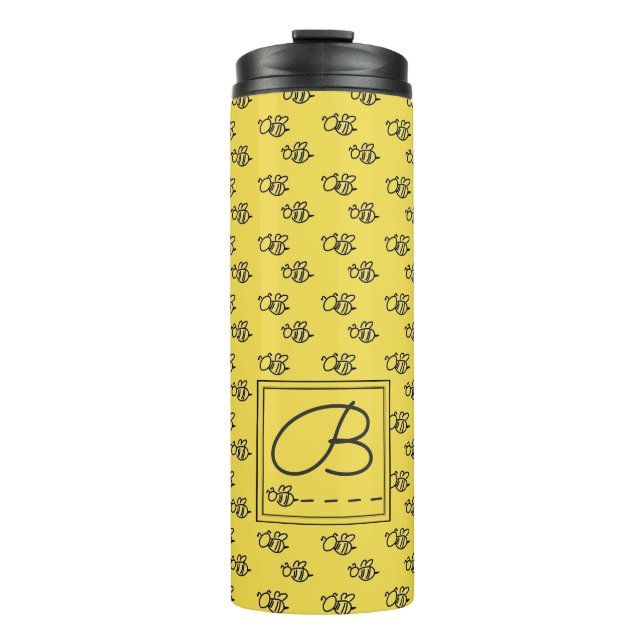 Yellow Summer Bees Pattern Monogram Thermal Tumbler (Front)