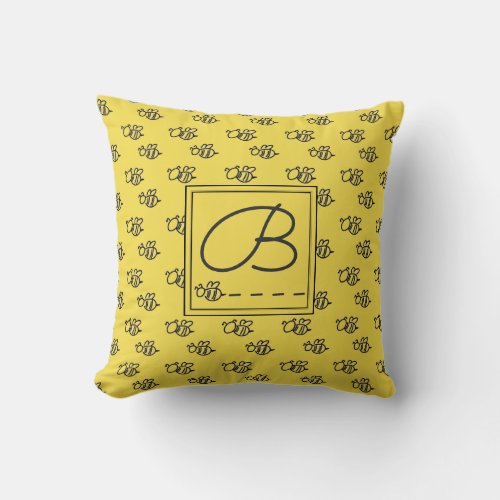 Yellow Summer Bees Pattern Monogram Throw Pillow