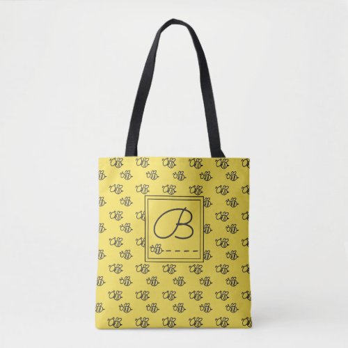 Yellow Summer Bees Pattern Monogram Tote Bag