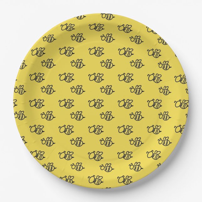 Yellow Summer Bees Pattern Paper Plates (Front)