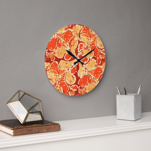 Yellow Summer Orange Bali Batik Art Style Paisley Large Clock