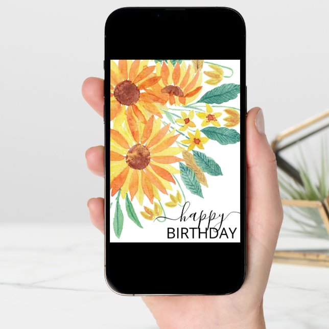 Yellow Summer Sunflower Watercolor Happy Birthday Card (Front Digital)