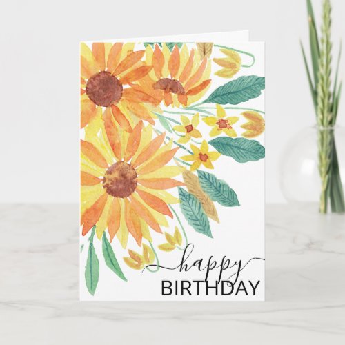 Yellow Summer Sunflower Watercolor Happy Birthday Card