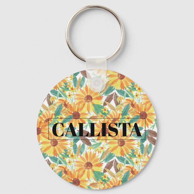 Yellow Summer Sunflower Watercolor Monogram Keychain (Front)