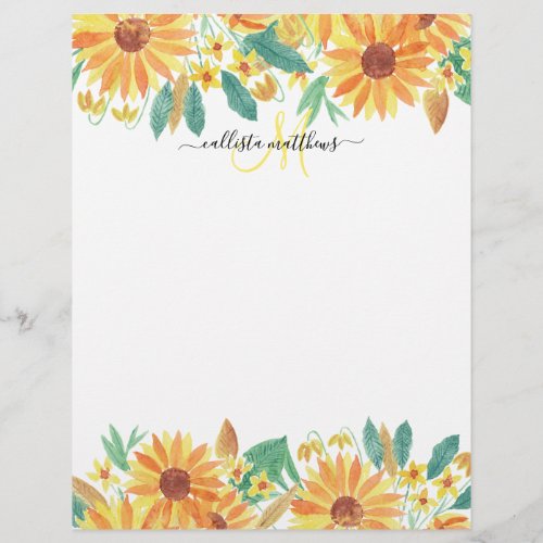 Yellow Summer Sunflower Watercolor Monogram Letterhead