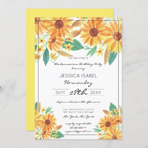 Yellow Summer Sunflower Watercolor Quinceaera Invitation