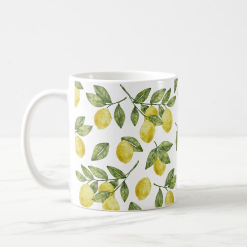 Yellow summer watercolor lemons with green leaves coffee mug