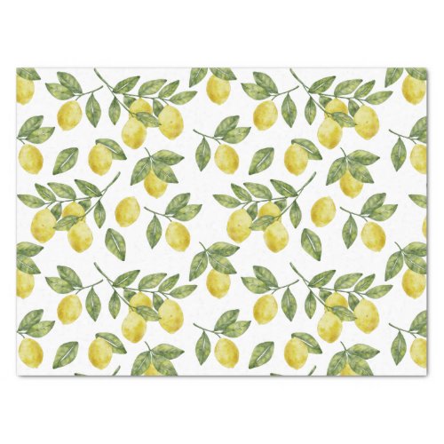 Yellow summer watercolor lemons with green leaves tissue paper