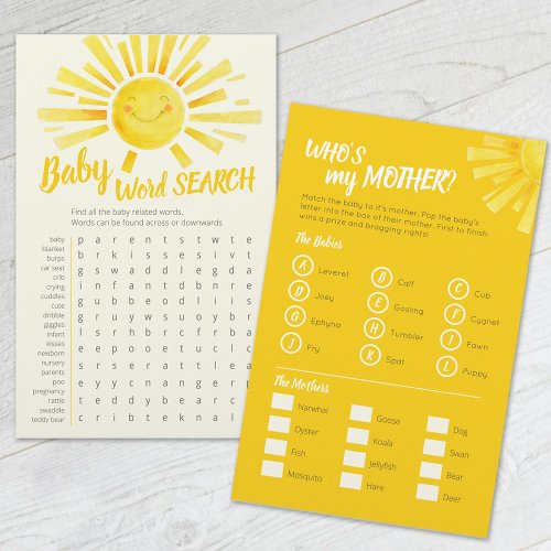 Yellow sun baby shower word search baby match game flyer