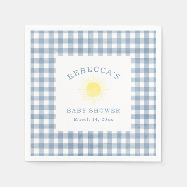 Yellow Sun Blue Gingham Boy Baby Shower Napkins (Front)