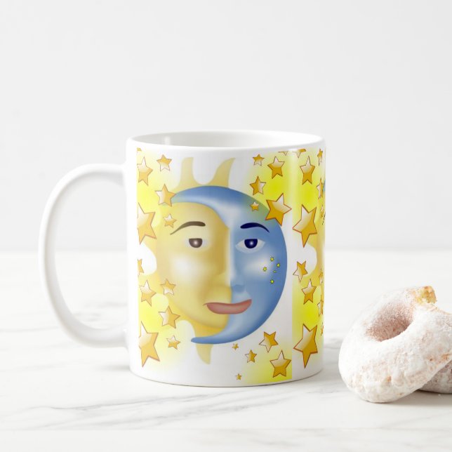 Yellow Sun Blue Moon Yellow Stars Mug (With Donut)