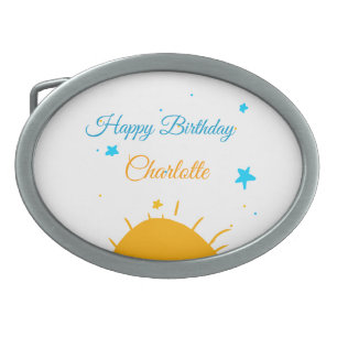 Yellow sun blue stars happy birthday add name text belt buckle