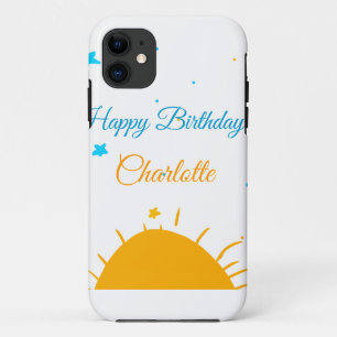 Yellow sun blue stars happy birthday add name text iPhone 11 case