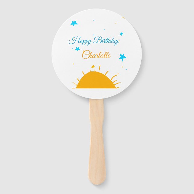 Yellow sun blue stars happy birthday add name text hand fan (Front)