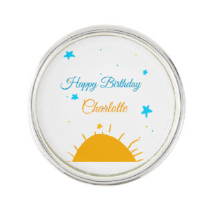 Yellow sun blue stars happy birthday add name text lapel pin