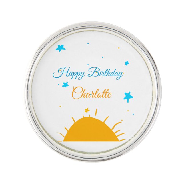 Yellow sun blue stars happy birthday add name text lapel pin (Front)