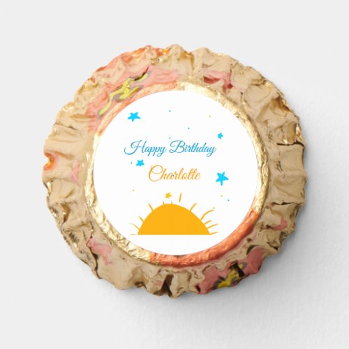 Yellow sun blue stars happy birthday add name text reeses peanut butter cups