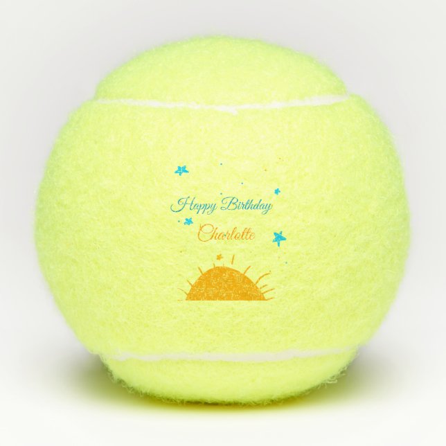 Yellow sun blue stars happy birthday add name text tennis balls (Front)