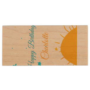 Yellow sun blue stars happy birthday add name text wood flash drive