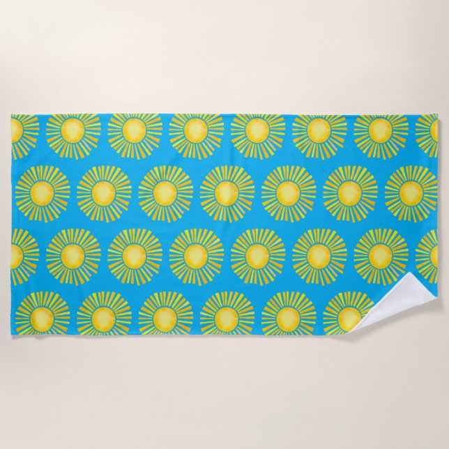 Yellow Sun Caribbean Blue Beach Towel (Front)
