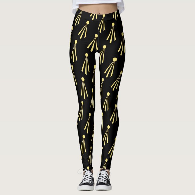 Yellow Sun Rays Pattern on Black Leggings (Front)