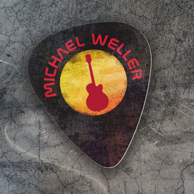 Yellow Sun & Red Guitar Custom Name Black Pick (Creator Uploaded)