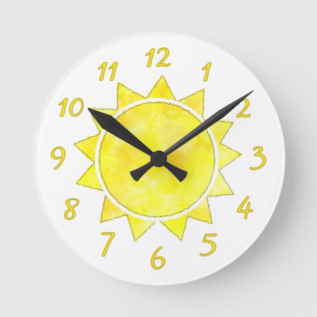 Yellow Sun Watercolor Round Clock (Front)