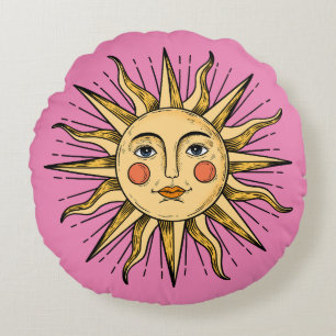Yellow sun with a face round pillow