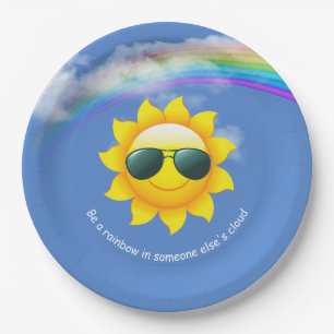 yellow sun with sunglasses and rainbow paper plates