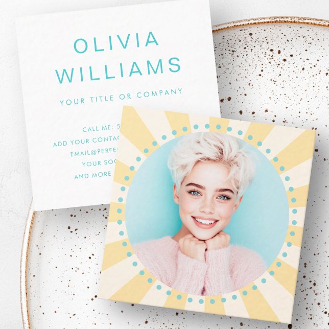 Yellow sunburst aqua blue dots trendy fresh photo square business card (Yellow sunburst aqua blue dots trendy fresh photo square business card)
