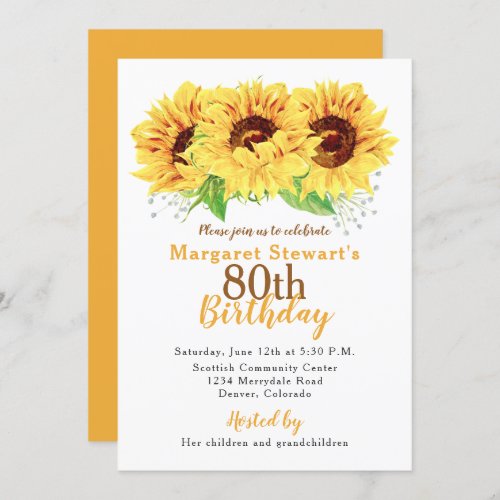 Yellow Sunflower 80th Birthday Invitation