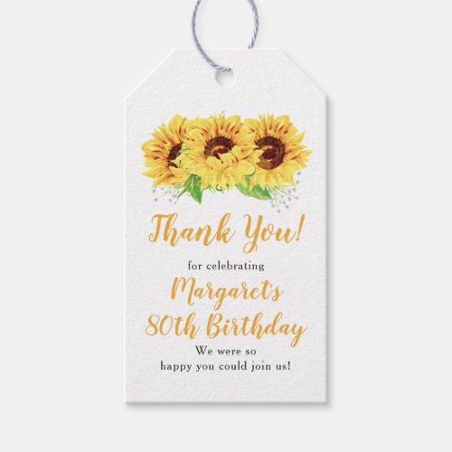 Yellow Sunflower 80th Birthday Thank You Gift Tags