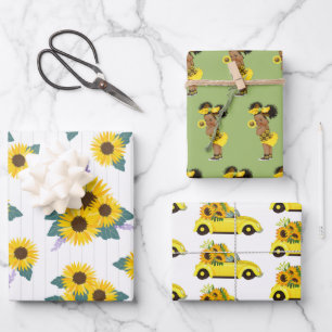 Yellow Sunflower Adorable Ethnic Girl Floral Car Wrapping Paper Sheets