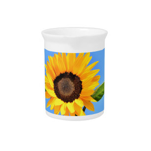 Yellow Sunflower Against Sun on Blue Sky - Summer  Beverage Pitcher