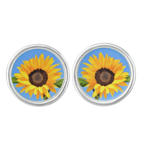 Yellow Sunflower Against Sun on Blue Sky _ Summer  Cufflinks