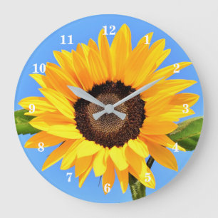 Yellow Sunflower Against Sun on Blue Sky - Summer Large Clock
