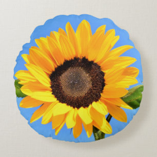 Yellow Sunflower Against Sun on Blue Sky - Summer  Round Pillow