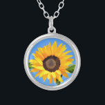 Yellow Sunflower Against Sun on Blue Sky - Summer  Silver Plated Necklace<br><div class="desc">Yellow Sunflower Against Sun on Blue Sky - Summer Day - Photo Flower Nature - You can also personalize - Choose / Add Your Unique Photo - Image / Text - Name / Color / Font / Size / more - Make Your Special Gift - Resize and move or remove...</div>