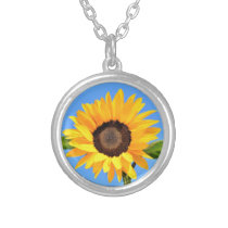 Yellow Sunflower Against Sun on Blue Sky - Summer  Silver Plated Necklace